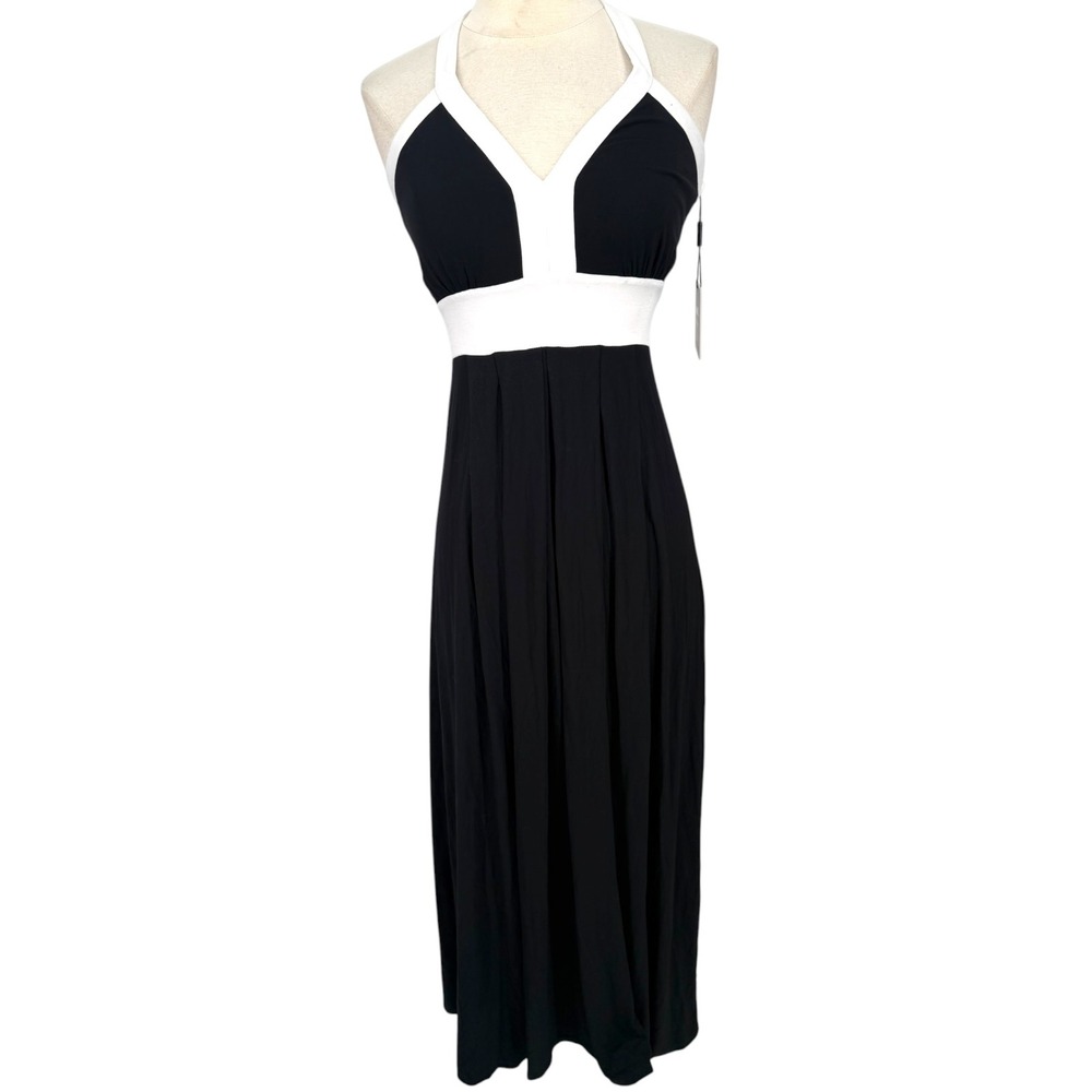 NWT Calvin Klein Womens Black White Colorblock Halter Maxi Dress Size 2 Vacation